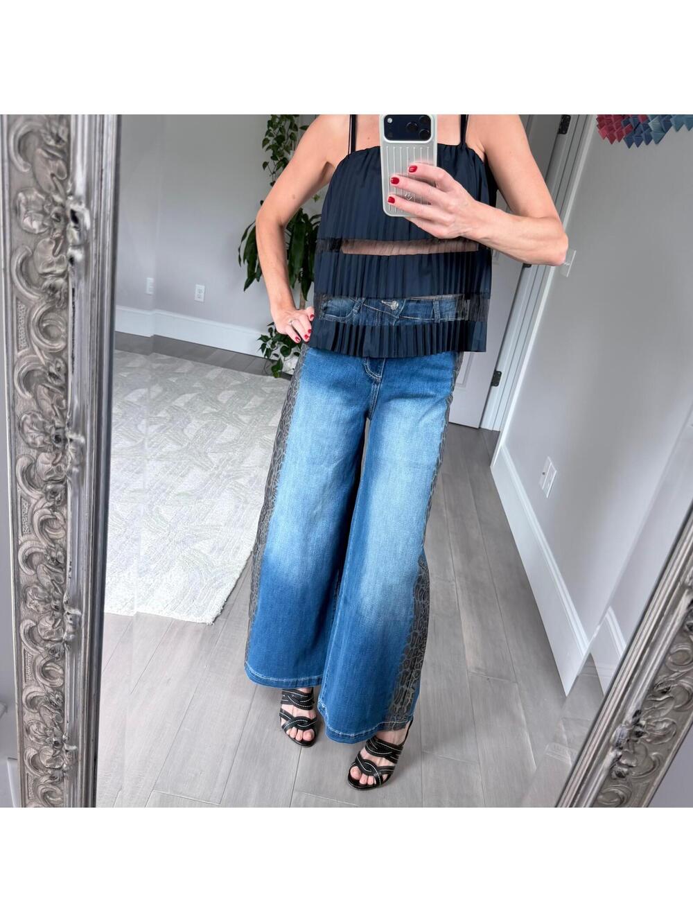Renuar Wide Leg Jeans Blue Denim Leopard Size 4
